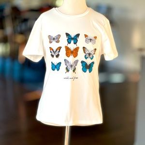 NWOT Shein butterfly t-shirt. Says “Wild and Free” Print no longer available.